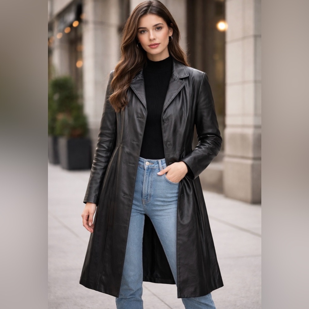 90s Vintage Women's Black Long Leather Jacket Coat